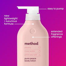 Method Body Lotion, Pure Peace, Rose Water, Peonies + Pink Sea Salt notes, 24 Hours of Moisture, 14 oz (PACK OF 3 )