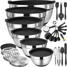 Mixing Bowls with Airtight Lids, AOKIWO 26Pcs Stainless Steel Nesting Non-Slip Bottoms Mixing Serving Bowls Set wtih 3 Grater & Tools Gadgets, 7/4/2.5/2/1.5/1QT Metal Salad Bowls for Serving Preppi