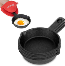 Modern Innovations Mini Black Cast Iron Skillet Set with Silicone Mitt (4 Count) - 3.5 Inch Pans, Pre Seasoned Small Skillets for Baked Cookie/Brownie or Cooked Eggs - Brands For Less USA
