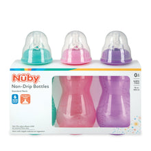 Nuby Non-Drip Standard Neck Baby Bottle, 10 fl oz, 3 Count, Multicolor Bottles