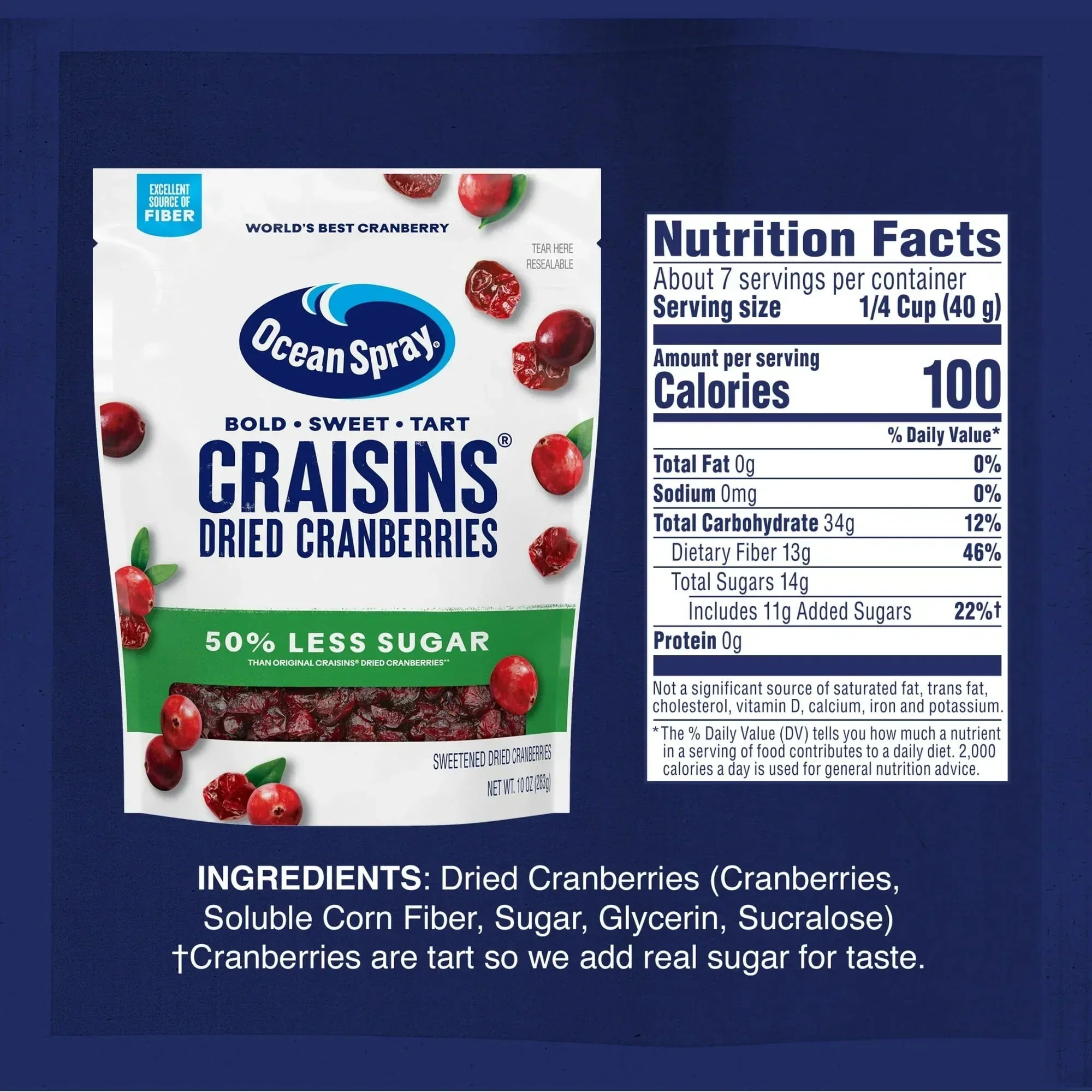 Ocean Spray® Craisins®, 50% Less Sugar Dried Cranberries, Dried Fruit ...