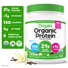Proteína vegana orgánica Orgain en polvo, 21 g, batido vegetal, sabor vainilla, 463 g