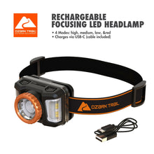 Ozark Trail 1000 Lumen Rechargeable Focusing Headlamp with USB Charging and Adjustable Strap