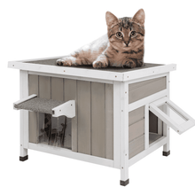 Caseta para gatos PETSCOSSET para exteriores, refugio de madera maciza resistente a la intemperie con techo abatible para animales pequeños 