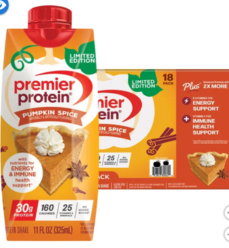 Premier 30g Protein PLUS Energy and Immune Support Shakes 11 fl. oz., 18-pack, Pumpkin Spice
