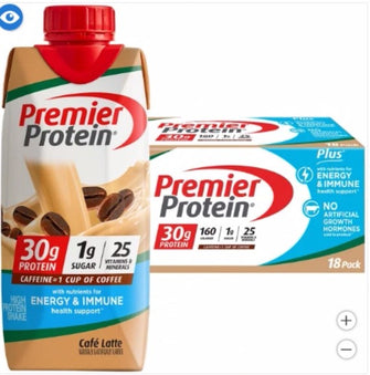 Premier 30g Protein PLUS Energy and Immune Support Shakes, Cafe Latte, 11 fl oz, 18-pack