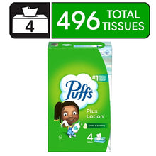 Puffs Plus Lotion Facial Tissues, 4 Family Box, 124 Tissues Per Box