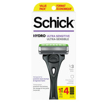 Schick Hydro Ultra Sensitive 3 Blade Razor for Men, 1 Razor Handle with 4 Razor Refills