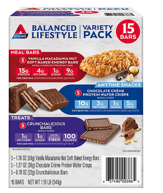 Atkins Balanced Lifestyle Variety Pack, Meal Bars + Snack Bars + Endulge Treats (15 ct.)