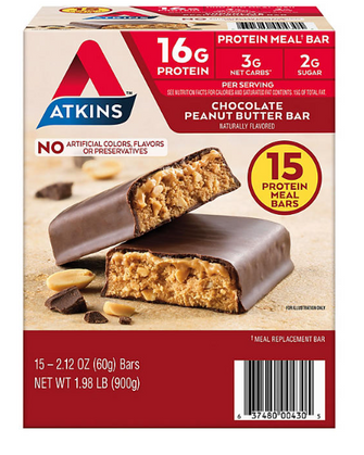Atkins Chocolate Peanut Butter Meal Bars, High Fiber,  16g of Protein (15 ct.)