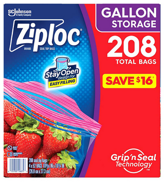 "Ziploc Gallon Storage Bags with New Stay Open Design,  208 ct."