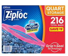 "Ziploc Storage Quart Bags with New Stay Open Design,  216 ct."