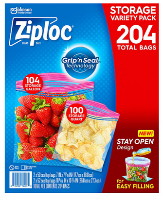 Ziploc Gallon & Storage Quart Bags with New Stay Open Design, 204 ct.