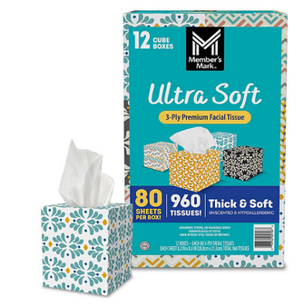 Member's Mark Ultra Soft 3-Ply Facial Tissues, Cube Boxes 80 tissues/box, 12 boxes