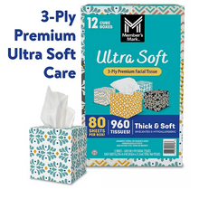 Member's Mark Ultra Soft 3-Ply Facial Tissues, Cube Boxes 80 tissues/box, 12 boxes