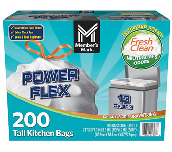 Member's Mark Power Flex Tall Kitchen Drawstring Trash Bags, Fresh Scent 13 gal., 200 ct.