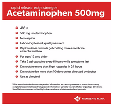 Member's Mark Extra Strength Acetaminophen, 500 mg, 400 ct.