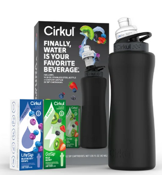 Cirkul 32oz Matte Black Stainless Steel Water Bottle Starter Kit with Black Lid and 2 Flavor Cartridges (Blueberry Grape & Kiwi Berry)