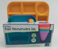 Your Zone 24 Piece Plastic Dinnerware Set for Kids with 4 Each Trays, Bowls, Plates, Cups, Forks in Purple, Pink, Blue, Orange