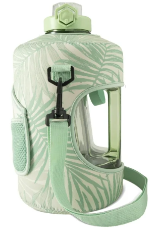 TAL Motivational Gallon Jug Water Bottle with Handle, Push Button Lid & Straw, Neoprene Sleeve, Easy-Carry Strap, Green Palms