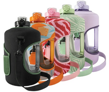 TAL Motivational Gallon Jug Water Bottle with Handle, Push Button Lid & Straw, Neoprene Sleeve, Easy-Carry Strap, Green Palms