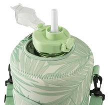 TAL Motivational Gallon Jug Water Bottle with Handle, Push Button Lid & Straw, Neoprene Sleeve, Easy-Carry Strap, Green Palms