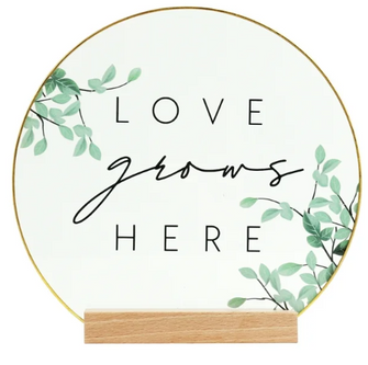 Inspirational "Love Grows Here" Translucent Tabletop Plaque with Solid Wood Base Stand