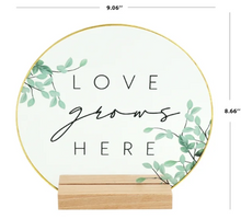 Inspirational "Love Grows Here" Translucent Tabletop Plaque with Solid Wood Base Stand