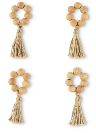 Better Homes & Garden Wood Bead and Tassel Napkin Rings, Natural, 2.5"W x 6"L, 4 Pieces