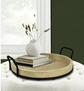 Better Homes & Gardens 17-inch Round Light Wood and Metal Tray