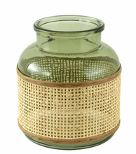 6" Green r Translucent Glass Indoor Tabletop Vase with Natural Rattan Caning Wrap
