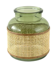 6" Green r Translucent Glass Indoor Tabletop Vase with Natural Rattan Caning Wrap