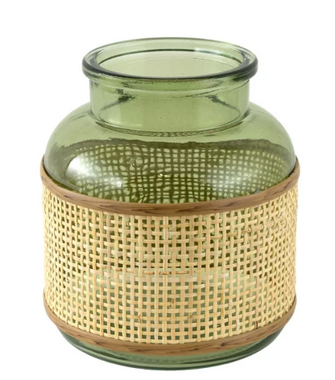 6" Green r Translucent Glass Indoor Tabletop Vase with Natural Rattan Caning Wrap