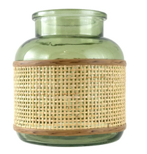 6" Green r Translucent Glass Indoor Tabletop Vase with Natural Rattan Caning Wrap