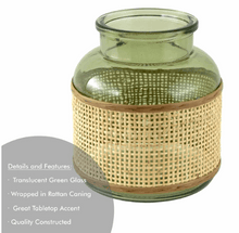 6" Green r Translucent Glass Indoor Tabletop Vase with Natural Rattan Caning Wrap