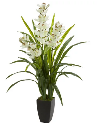 Nearly Natural 45" Plastic and Polyester Cymbidium Orchid Artificial Plant, White