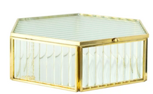 Hexagon Ribbed Clear Glass and Brass Hinged Top Jewelry Box