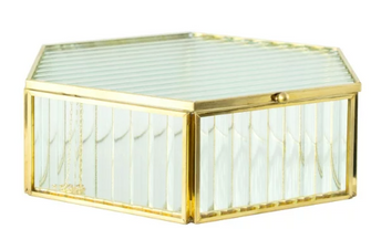 Hexagon Ribbed Clear Glass and Brass Hinged Top Jewelry Box