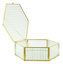 Hexagon Ribbed Clear Glass and Brass Hinged Top Jewelry Box