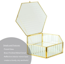 Hexagon Ribbed Clear Glass and Brass Hinged Top Jewelry Box