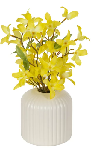 Better Homes & Gardens 10" Artificial Flower Yellow Forsythia in Ribbed off-White Ceramic Vase