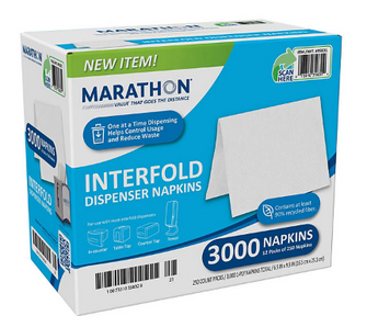 Marathon Interfold 1-Ply Napkins, White, 3000 Per Case 250 napkins/pk., 12 pk.
