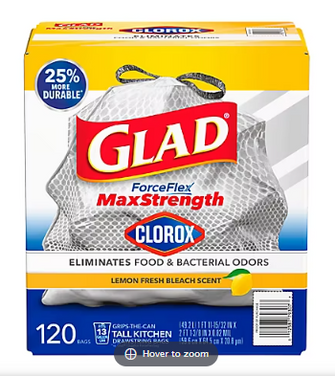 Glad ForceFlex MaxStrength with Clorox 13 Gal. Kitchen Trash Bags, 120 ct. - Lemon Fresh Bleach Scent