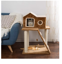 PETMAKER 3-Tier Cat Tree with Ladder and Condo - Tan/Brown