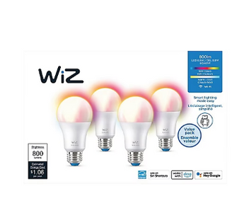 WiZ Full Color And Tunable White A19 (60W Equivalent) LED Smart Bulb, 4 pk.