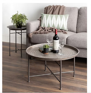 Kate and Laurel Mahdavi Boho-Chic Hammered Metal Tray Coffee Table - Brushed Silver