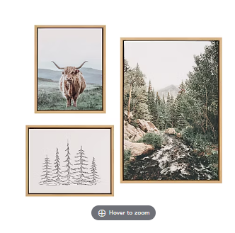 Kate and Laurel Sylvie Meet Here, Highland Cow Mountain and Evergreen Trees Framed Canvas Wall Art by Various Artists, 3 Piece