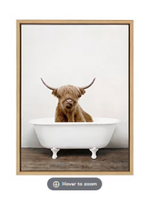 Kate and Laurel Sylvie Highland Cow in Tub Color Framed Canvas Wall Art by Amy Peterson, 18x24 Natural