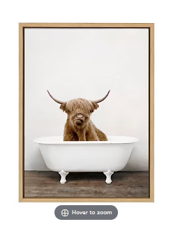 Kate and Laurel Sylvie Highland Cow in Tub Color Framed Canvas Wall Art by Amy Peterson, 18x24 Natural