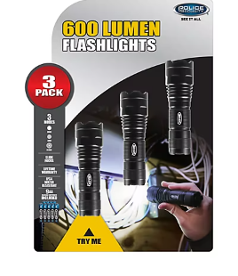 Police Security 600-Lumen Flashlights, 3 pk.